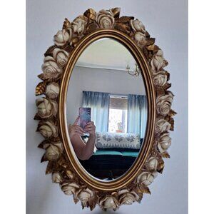 Vintage Homco 2057 Gold Trimmed White Roses Hollywood Regency Wall Mirror luxu